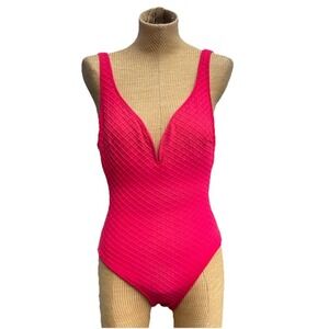 Vintage 90's La Blanca Bright Coral Low Cut Back Plunge One Piece Swimsuit Sz 10
